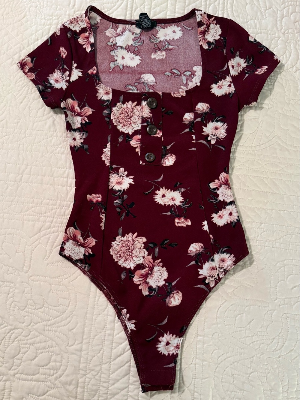 Rue21 Floral Burgundy Bodysuit Square Neckline Short Sleeve Button Detail SizeXS